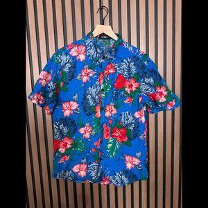 Jogal Shirt Large Mens Blue Button Shirt Short Sleeve Hawaiian Aloha Floral